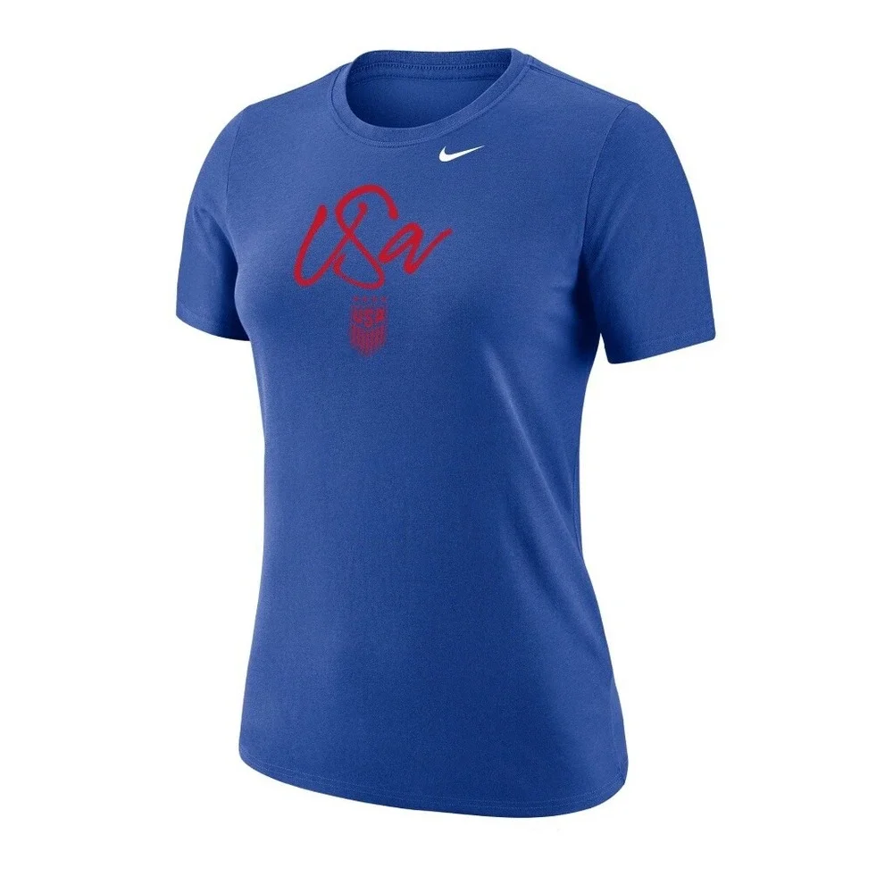 Nike Team USA Women's USWNT Soccer T-shirt Script Blue Size L New